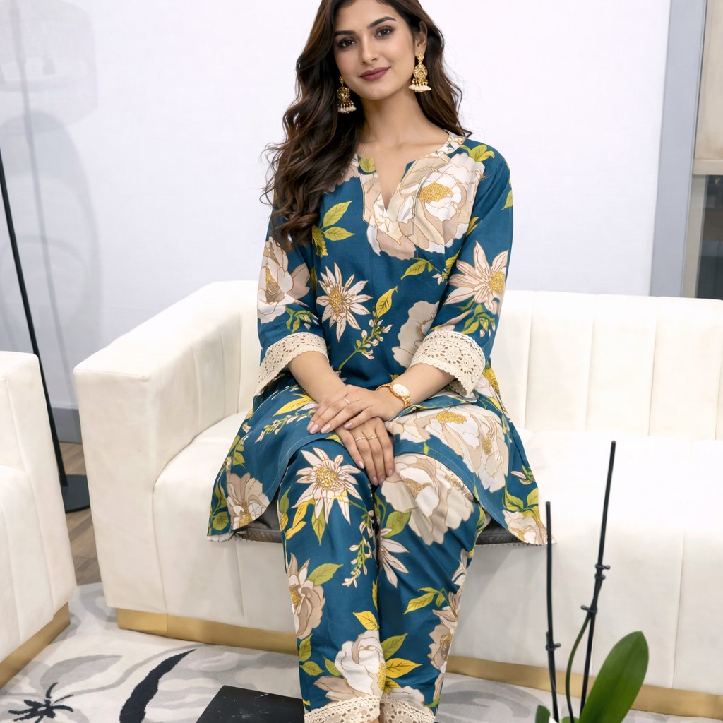 Women Teal Floral CoOrd Set Brand New Indian 42 Us Large 2pc Kurta Pant Set
